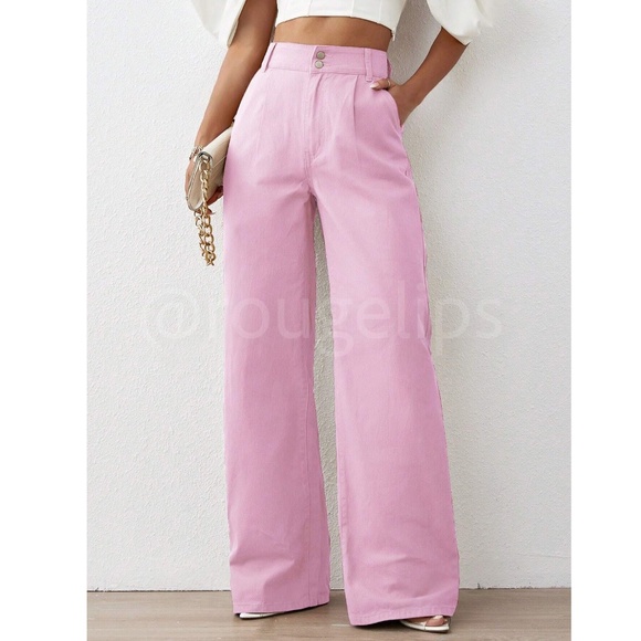 Cotton Pink Wide Leg High Waist Denim Pants - Picture 1 of 6